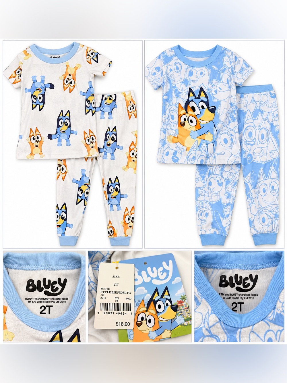 Bluey 2T Kids Pajama Set - White & Light Blue. Set of 2